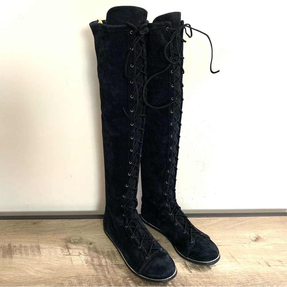 Women's VIONNET PARIS Black Suede OTK Over The Knee LACE UP Flat DESIGNER BOOTS